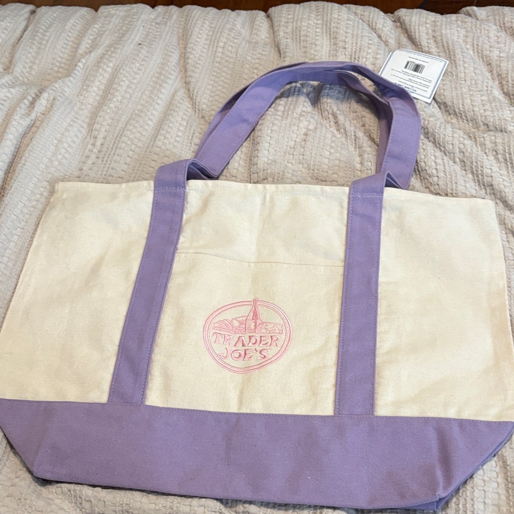 zipper added Lavender & Cream Canvas Tote - Everyday Market Bag with zipper
